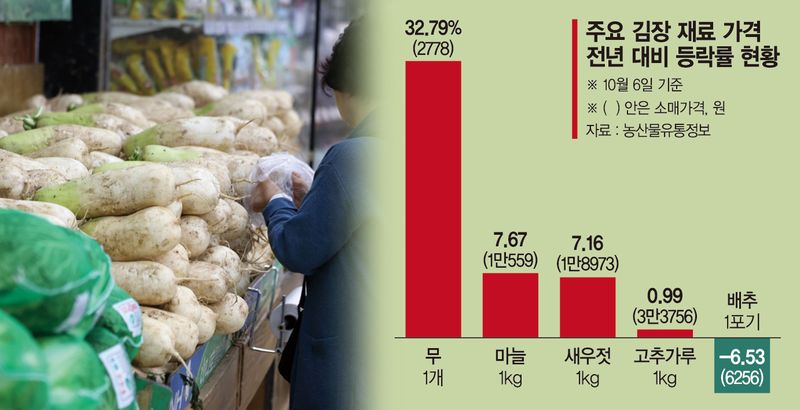 '올해는 김치 사 먹을까'... 무값 32%, 새우젓값 23% 올랐다