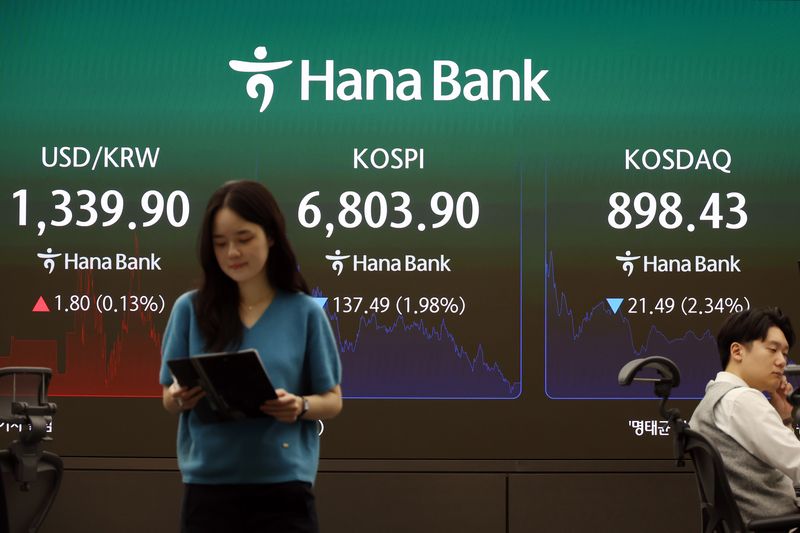 [서울=뉴시스] 고승민 기자 = 코스피가 전 거래일보다 1.98% 내린 6,803.90에 장을 마친 7일 서울 하나은행 본점 딜링룸에서 딜러들이 업무를 보고 있다.코스닥 지수는 2.34% 내린 898.43에 마감했다. 서울 외환시장에서 원·달러 환율은 오후 3시 30분 기준 1,340.4원을 기록했다. 2026.10.07. kkssmm99@newsis.com