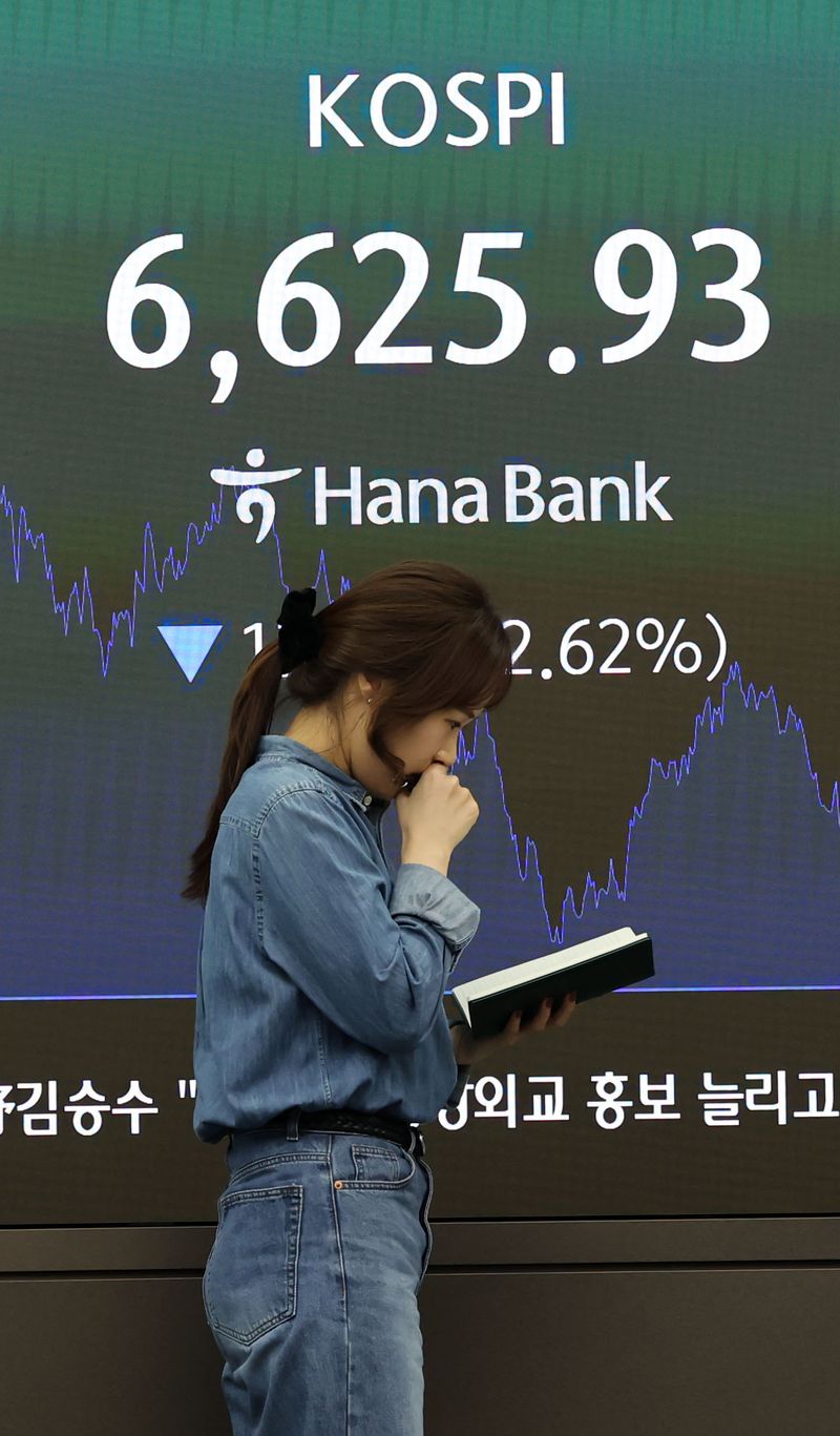 8일 코스피가 외국인과 기관의 동반 매도에 2% 넘게 하락하며 6600선으로 밀렸다. 이날 코스피는 177.97포인트(2.62%) 내린 6625.93으로 마감했다. 사진은 이날 서울 중구 하나은행 본점 딜링룸 모습. 연합뉴스