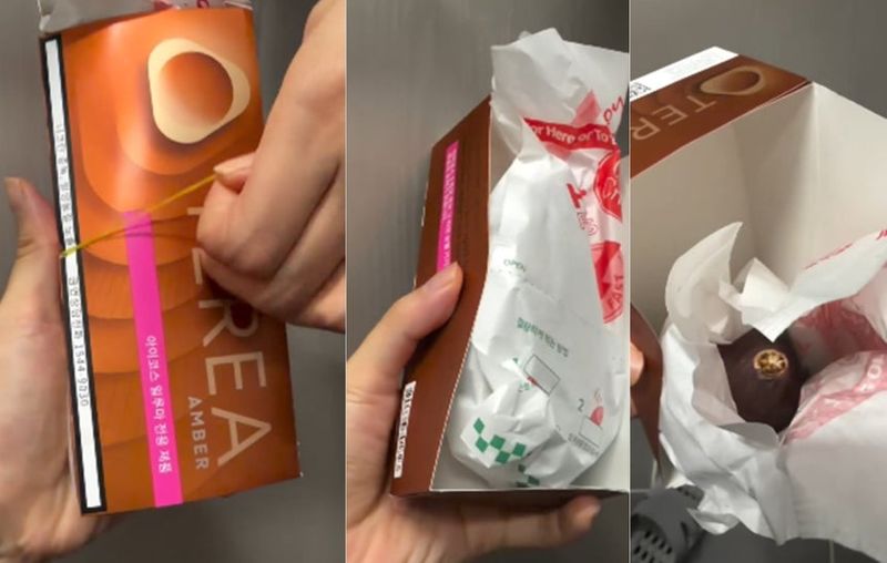 편의점에서 배달시킨 군고구마가 담배 상자 안에 담겨 왔다. 사진=스레드 갈무리