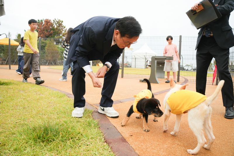 위성곤 제주도지사가 11일 제주시 애월읍 제2동물보호센터에서 열린 '제1회 제주 입양오름제'에서 노란색 옷을 입은 보호 강아지들에게 몸을 숙여 손을 내밀고 있다. 위 지사는 이날 보호시설을 점검하고 반려동물 입양에 따른 돌봄 책임의 중요성을 강조했다. 사진=제주특별자치도