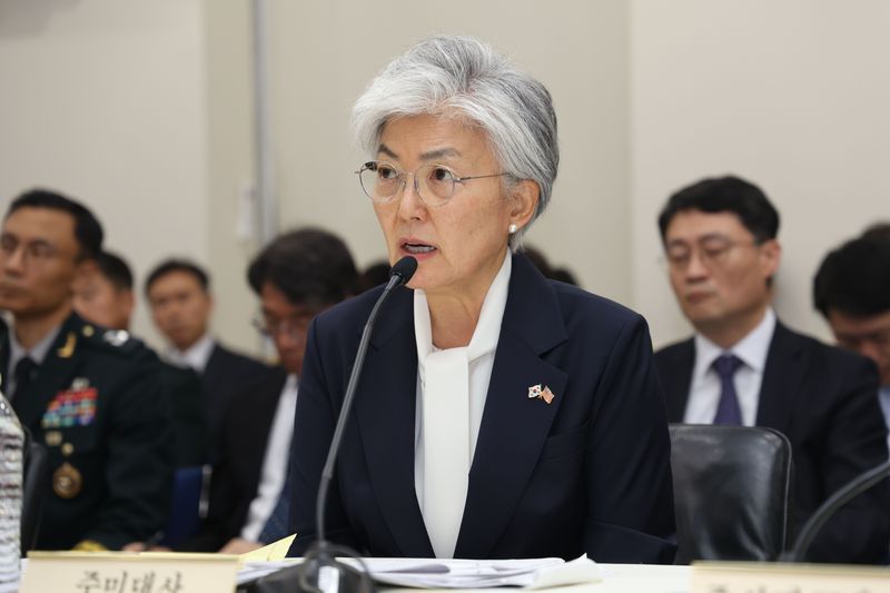 강경화 주미대사가 12일(현지 시간) 미국 워싱턴DC 주미대사관에서 열린 국회 외교통일위원회 국정감사에서 답변하고 있다. 사진=뉴시스