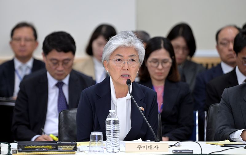 강경화 주미 한국대사가 12일(현지시간) 미국 워싱턴DC 주미 한국대사관에서 열린 국회 외교통일위원회 국정감사에서 발언하고 있다.연합뉴스