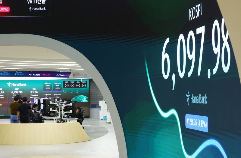 코스피가 198.16p(3.10%) 내린 6186.08로 개장한 13일 서울 중구 하나은행 본점 딜링룸 전광판에 코스피 등이 표시돼 있다. 뉴시스 제공