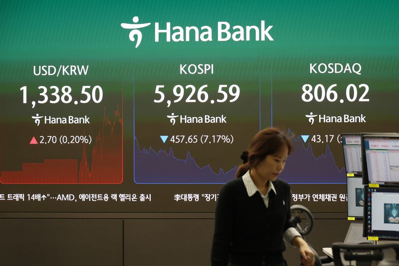 코스피가 장중 6000선을 밑돈 13일 서울 하나은행 딜링룸에서 딜러들이 업무를 보고 있다. 뉴시스