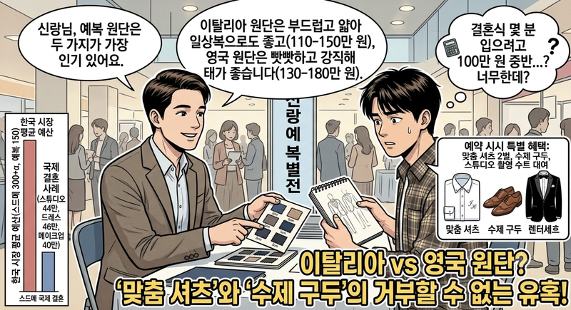 웨딩 박람회에서 예복 상담을 받다 보면 상담 직원의 말발에 넘어가 150만원 정도면 합리적인 가격이 아닌가 하는 생각이 들게 된다. AI 생성 이미지.