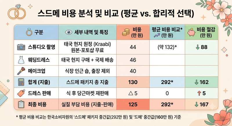 태국 현지에서 진행한 스드메 비용과 한국 평균 스드메 비용 분석. 해당 내용의 경우 태국까지 비행기 값, 체류비 등은 포함되지 않았다.