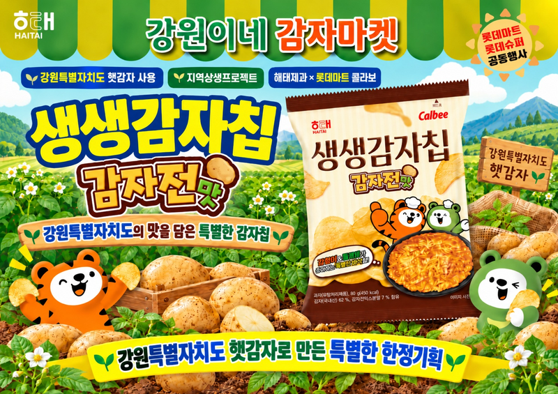 강원자치도가 롯데마트·롯데슈퍼, 해태제과와 손잡고 강원도 캐릭터 강원이&특별이를 활용한 감자전맛 생생감자칩(강원감자칩)을 개발해 15일부터 전국에서 판매한다. 강원자치도 제공