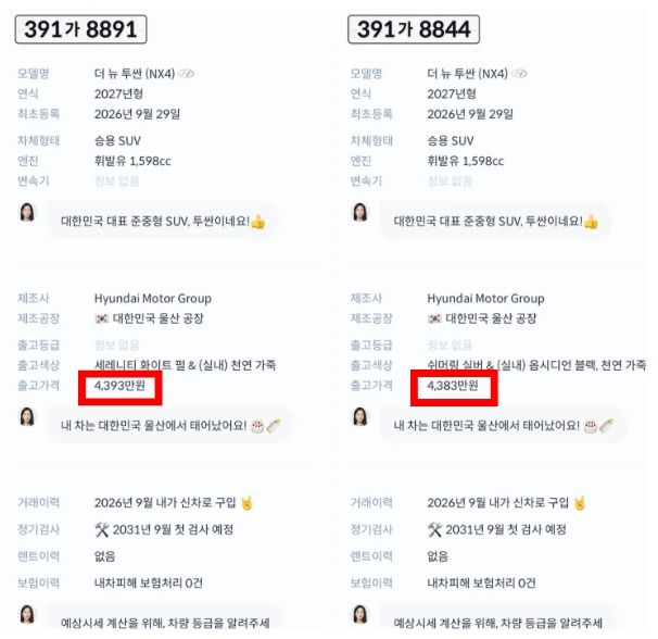 중고차 거래 플랫폼 '헤이딜러'에서 조회된 신형 투싼의 출고가 및 등록 정보. 현재는 '조회 불가능한 차량'이라는 안내가 나온다. /사진=온라인 커뮤니티