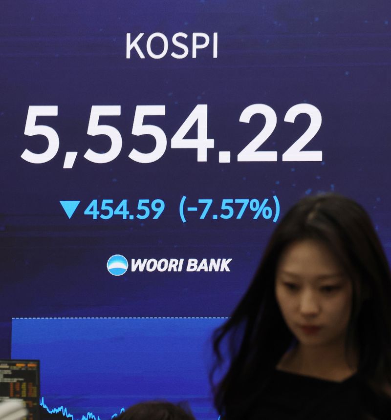 15일 서울 중구 우리은행 본점 딜링룸 전광판에 코스피가 표시돼 있다. 이날 코스피는 전일 종가와 비교해 454.59포인트(p)(7.57%) 하락한 5554.22로 거래를 마쳤다. 연합뉴스