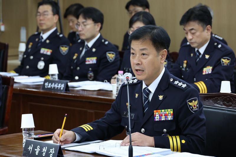 [서울=뉴시스] 고승민 기자 = 고범석 서울특별시경찰청장이 15일 서울특별시경찰청에서 열린 국회 행정안전위원회의 국정감사에서 의원 질의에 답하고 있다. 2026.10.15. kkssmm99@newsis.com