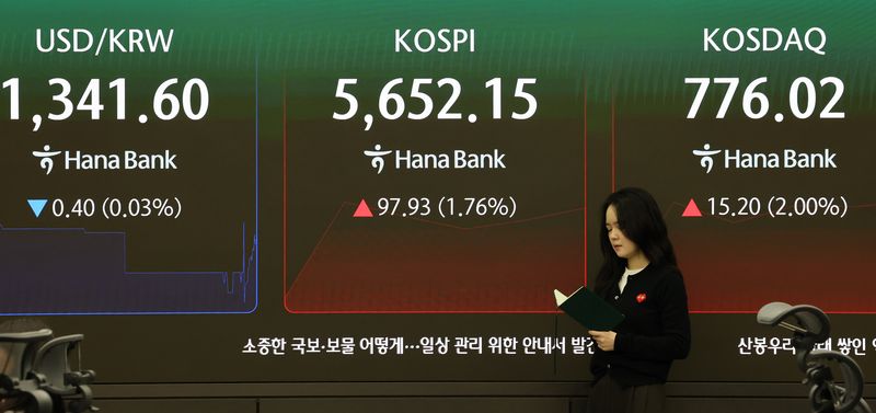 16일 서울 중구 하나은행 본점 딜링룸 전광판에 코스피와 코스닥, 원·달러 환율이 표시돼 있다. 연합뉴스 제공