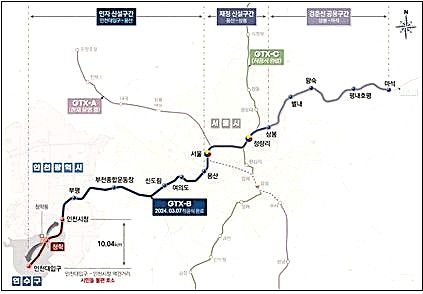 인천 연수구 청학사거리 일대에 수도권광역급행철도(GTX) B노선 추가 정거장을 건설하는 사업이 행정안전부 중앙투자심사를 통과했다. 사진은 GTX-B 노선도. 인천시 제공.
