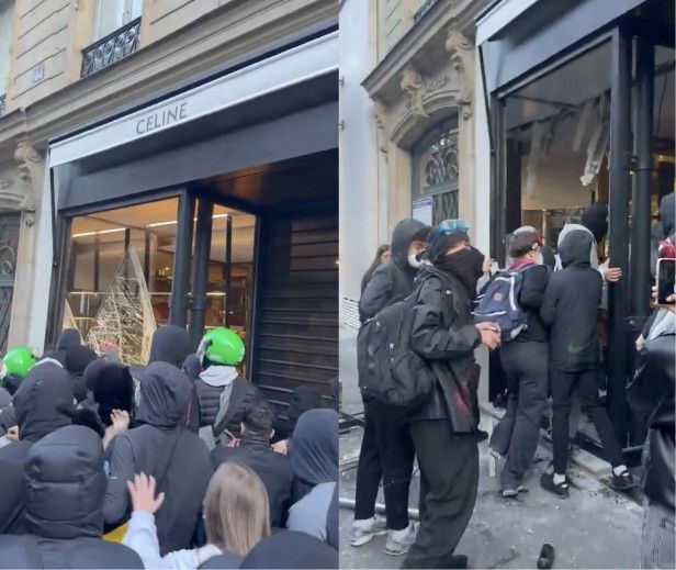 지난 18일(현지시간) 프랑스에서 시위대가 명품 브랜드 셀린느 매장에 진입한 모습이 포착된 모습.X캡처뉴시스