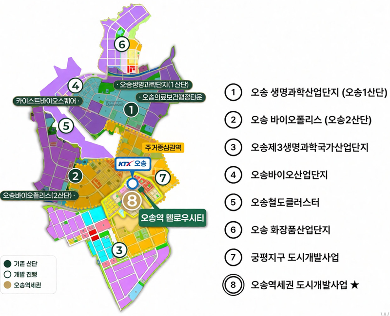 오송역 인근 산업단지 및 도시개발지구 위치도.