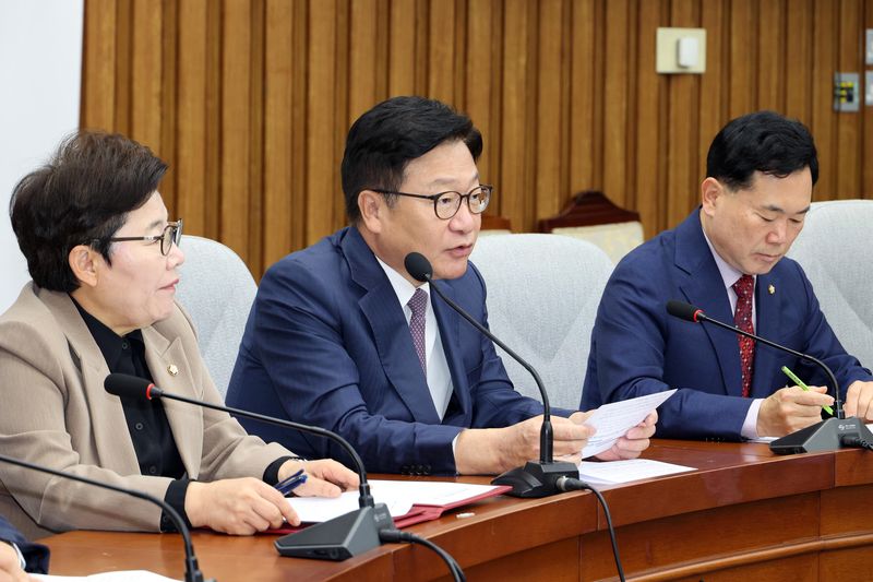 정점식 국민의힘 원내대표가 20일 서울 여의도 국회에서 열린 국정감사 대책회의에서 발언하고 있다. 사진=박범준 기자
