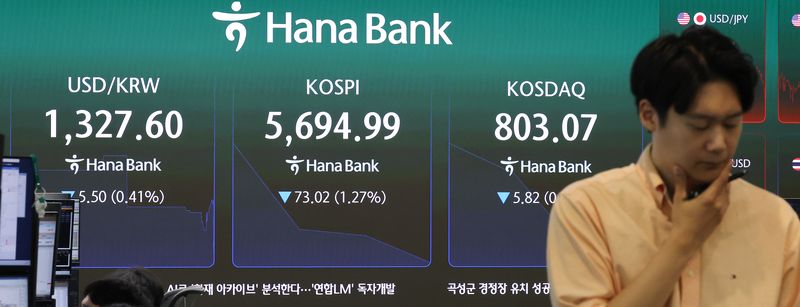 코스피와 코스닥이 하락 출발한 20일 서울 중구 하나은행 본점 딜링룸 전광판에 코스피와 코스닥, 원/달러 환율이 표시돼 있다. 이날 오전 9시 2분 현재 코스피는 전장보다 58.27포인트(1.01%) 내린 5,709.74를 나타내고 있다. 코스닥은 3.52포인트(0.44%) 내린 805.37로 출발했다. 사진=연합뉴스