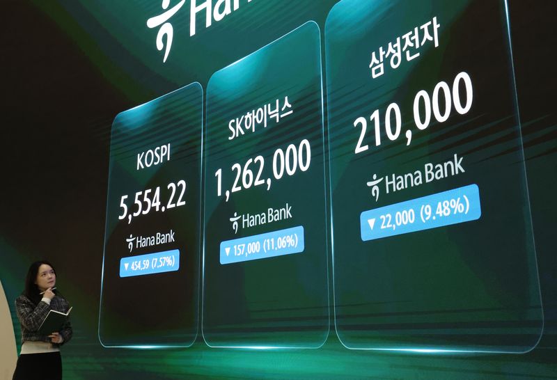 15일 오후 서울 중구 하나은행 본점 딜링룸 전광판에 코스피 시황과 삼성전자, SK하이닉스 종가가 표시되고 있다. 2026.10.15 ⓒ 뉴스1 박세연 기자