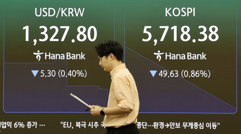[서울=뉴시스] 김혜진 기자 = 20일 서울 중구 하나은행 딜링룸 전광판에 주요 지수가 표시 되고 있다. 코스피는 전거래일 보다 34.44포인트(0.60%) 내린 5733.57에 개장했다. 코스닥 지수는 전거래일보다 3.52포인트(0.44%) 내린 805.37에 장을 시작했다. 원·달러 환율 1329.0원에 거래 중이다. 2026.10.20. jini@newsis.com