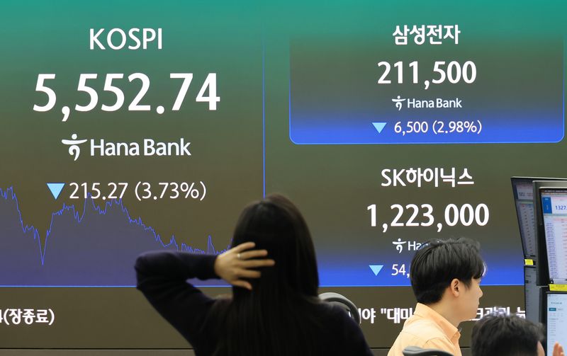20일 서울 중구 하나은행 본점 딜링룸에 코스피가 표시되고 있다. 이날 코스피는 전일보다 3.7% 급락한 5552.74로 장을 마쳤다. /사진=연합뉴스