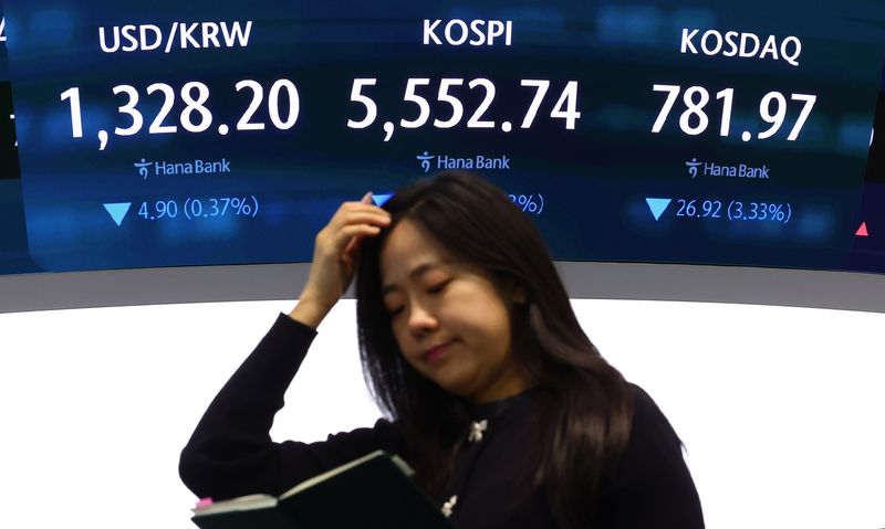 [서울=뉴시스] 전신 기자 = 코스피가 215.27포인트(3.73%) 하락한 5552.74로 마감한 20일 서울 중구 하나은행 본점 딜링룸 전광판에 코스피 등이 표시돼 있다. 2026.10.20. photo1006@newsis.com