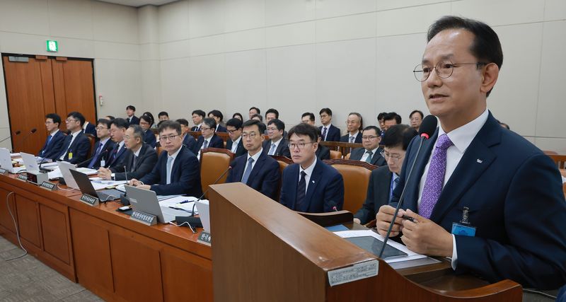 김종출 한국항공우주산업(KAI) 대표이사 사장이 20일 국회 재정경제기획위원회에서 열린 한국수출입은행 등에 대한 국정감사에 일반증인으로 출석해 재경위원 질의에 답하고 있다. 연합뉴스