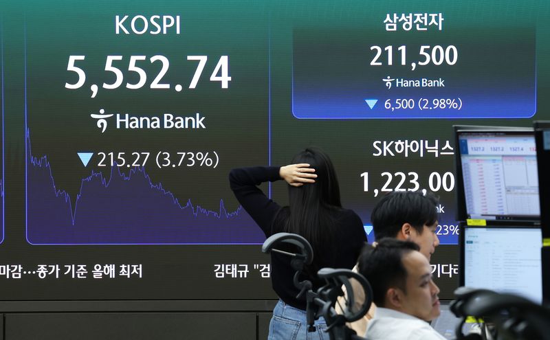 코스피가 3% 넘게 폭락한 20일 오후 서울 중구 하나은행 본점 딜링룸 전광판에 코스피, 삼성전자, SK하이닉스 종가가 표시되고 있다. /사진=뉴스1