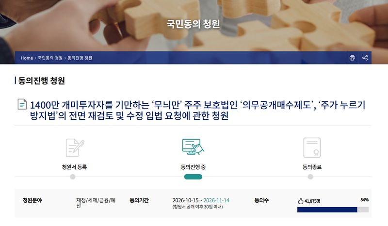 '1400만 개미투자자를 기만하는 무늬만 주주 보호법인 의무공개매수제도, 주가 누르기 방지법의 전면 재검토 및 수정 입법 요청' 청원. 국회 국민동의청원 홈페이지