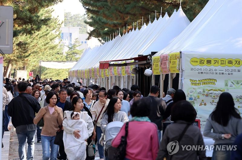제18회 강릉커피축제가 열리고 있는 강릉 축제장에서 방문객들이 소나무 길을 따라 늘어선 부스 사이를 걸으며 축제를 즐기고 있다. 연합뉴스