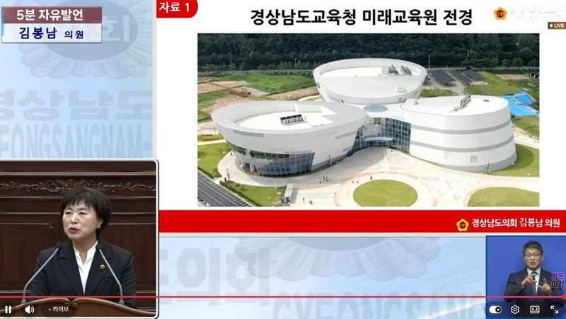 5분 자유발언 김봉남 의원과 미래교육원 전경 (출처=연합뉴스)
