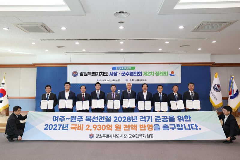 강원도 시장·군수협의회 소속 단체장들이 22일 강릉시청 대회의실에서 열린 제2차 정례회에서 여주~원주 복선전철 2028년 적기 준공을 위한 내년 국비 2930억원 전액 반영 촉구 공동건의문을 들어 보이고 있다. 원주시 제공