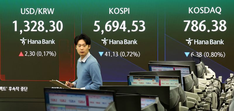 [서울=뉴시스] 전신 기자 = 코스피가 1.14% 내린 5670.11에 개장한 22일 서울 중구 하나은행 본점 딜링룸 전광판에 코스피 등이 표시돼 있다. 2026.10.22. photo1006@newsis.com