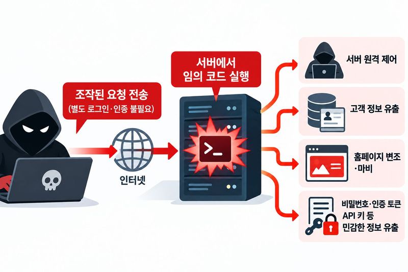 위험도 9.2로 평가된 PHP 취약점을 악용해 공격자가 별도의 로그인이나 인증 없이 조작된 요청을 보내 서버에서 임의의 코드를 실행하는 과정을 표현한 삽화. 공격에 성공하면 서버 원격 제어, 고객 정보 유출, 홈페이지 변조·마비는 물론 비밀번호·인증 토큰·API 키 등 민감한 정보까지 유출될 수 있다. (챗GPT로 생성한 이미지) ⓒ 뉴스1