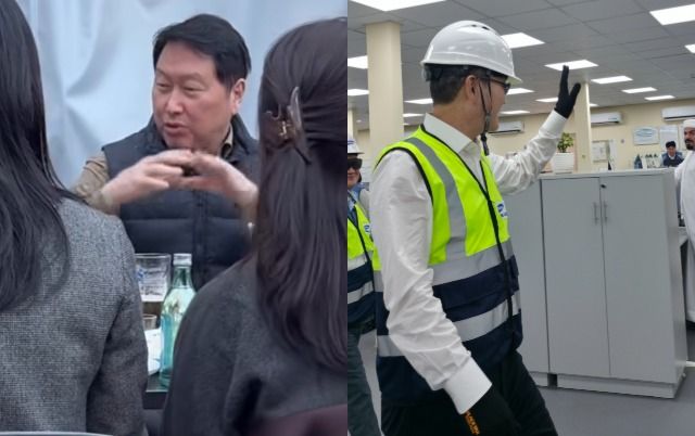 최태원 SK그룹 회장이 을지로 야장에서 직원들과 회식을 함께 하고 있다(왼쪽) / 10월 21일(현지시각) 아랍에미리트(UAE)에 있는 알 다프라(Al Dhafra) 가스화력발전소 건설 현장에 방문한 이재용 삼성전자 회장이 현지 사무실에서 근무 중인 임직원들에게 인사를 건네고 있다. /사진=인스타그램 갈무리 / 삼성전자 제공