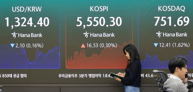 23일 서울 중구 하나은행 본점 딜링룸에 원·달러 환율과 코스피, 코스닥지수가 표시되고 있다. 연합뉴스 제공