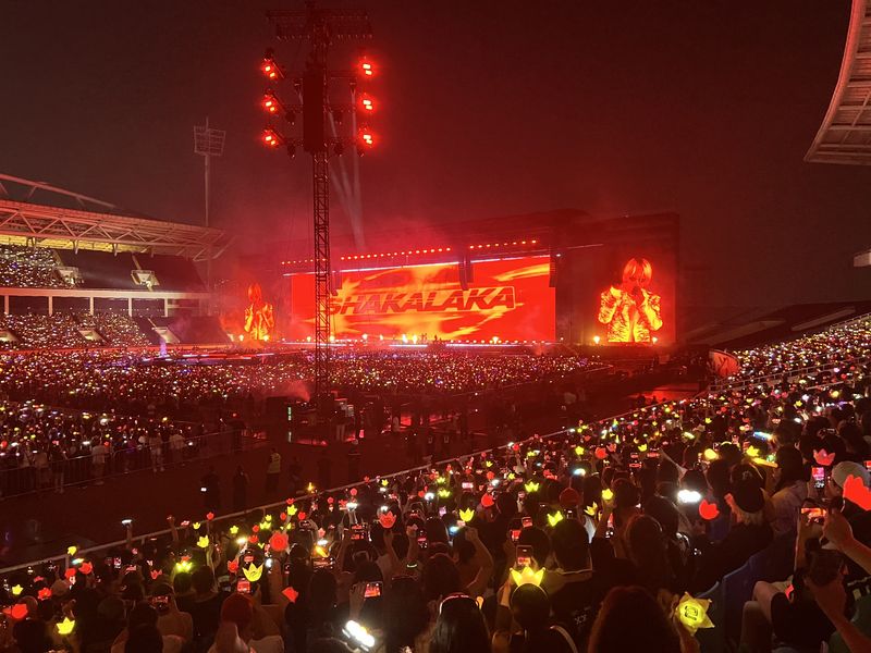 지난 24일 베트남 하노이 미딘 국립경기장에서 열린 '빅뱅 월드투어 콘서트 2026-2027 인 하노이' 첫날, 빅뱅이 첫 곡 '판타스틱 베이비'를 열창하자 팬들이 열광하고 있다. 사진=김준석 특파원