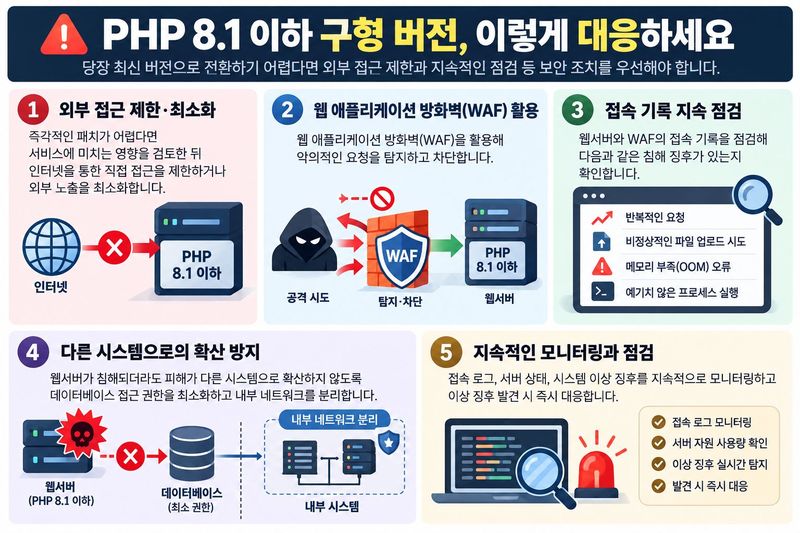 공식 보안 지원이 종료된 PHP 8.1 이하 구형 버전 사용자를 위한 주요 보안 대응 방안을 정리한 그래픽.(챗GPT로 생성한 이미지) ⓒ 뉴스1 강은성 기자