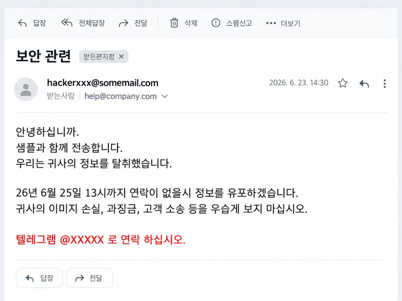 [서울=뉴시스]경찰은 생성형 인공지능(AI)을 활용해 국내 업체 90여 곳을 해킹하고 개인정보 약 820만건을 탈취한 일당 7명을 검거했다고 26일 밝혔다. 생성형 인공지능(AI)을 활용해 국내 업체 90여 곳을 해킹한 일당이 피해 업체에 보낸 협박 이메일 재구성 화면. (사진=서울경찰청 제공) 2026.10.26. photo@newsis.com