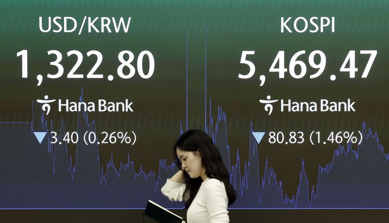 [서울=뉴시스] 최동준 기자 = 코스피가 전 거래일보다 80.83포인트(1.46%) 하락한 5469.47로 장을 마친 26일 서울 중구 하나은행 딜링룸에서 딜러들이 업무를 보고 있다. 원·달러 환율은 전 거래일보다 3.4원(0.26%) 하락한 1,322.80원을 보이고 있다. 2026.10.26. photocdj@newsis.com <저작권자ⓒ 공감언론 뉴시스통신사. 무단전재-재배포 금지.> /사진=뉴시스화상