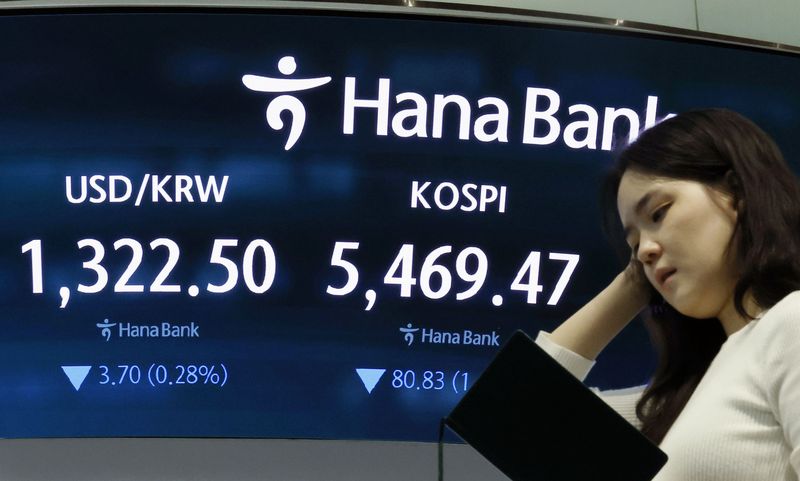 코스피가 전 거래일보다 80.83p(1.46%) 하락한 5469.47로 장을 마친 26일 서울 중구 하나은행 딜링룸에서 딜러들이 업무를 보고 있다. 원·달러 환율은 전 거래일보다 3.7원(0.28%) 하락한 1322.50원을 보이고 있다. 뉴시스 제공