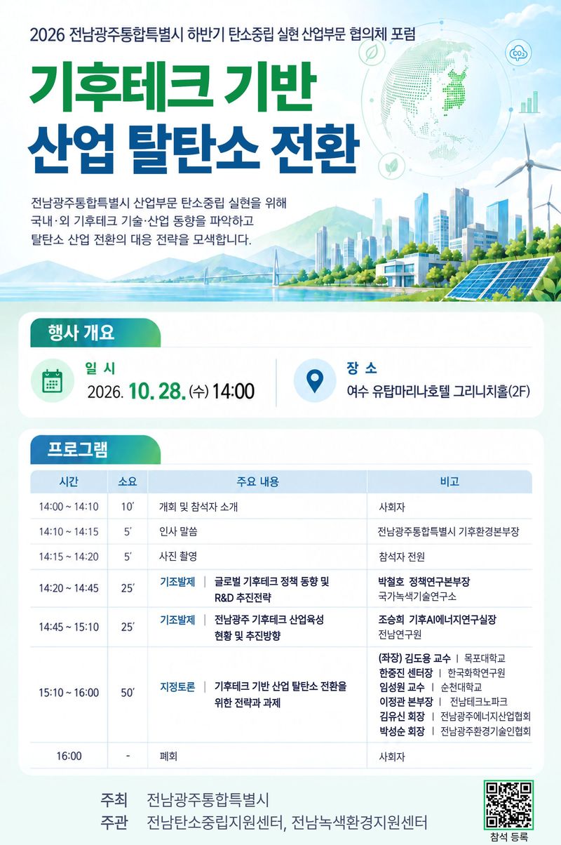 전남광주통합특별시(광주특별시)가 기후테크를 활용한 탄소중립 실현 방안을 찾고자 전남탄소중립지원센터와 함께 오는 28일 오후 2시 여수 유탑마리나호텔 그리니치홀에서 '탄소중립 산업부문 협의체 포럼'을 개최한다. 광주특별시 제공