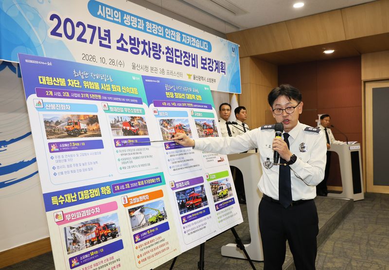 김용수 울산소방본부장이 28일 기자회견을 열고 내년 소방차량 및 첨단 재난대응장비 보강계획을 설명하고 있다. 울산시 제공