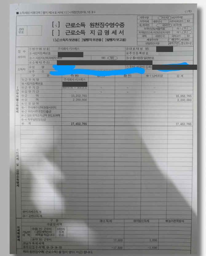 헤이지니 전 직원 A씨가 공개한 2018년 근로소득 원천징수영수증. /사진=온라인 커뮤니티