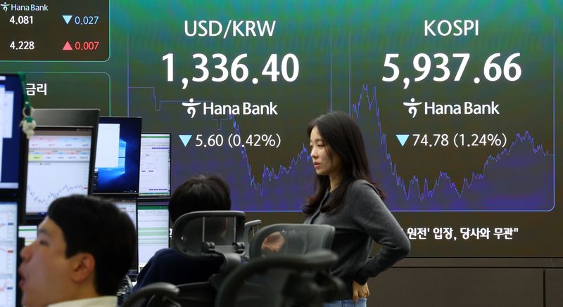 코스피가 74.78포인트(1.24%) 내린 5937.66으로 마감한 29일 서울 중구 하나은행 본점 딜링룸 전광판에 코스피 등이 표시돼 있다. 뉴시스