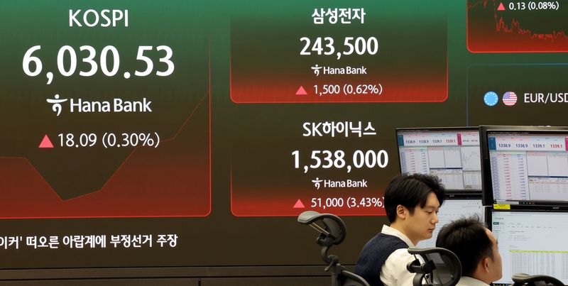 지난 29일 오전 서울 중구 하나은행 딜링룸에서 딜러들이 업무를 하고 있다.코스피는 전일보다 4.78포인트(0.08%) 오른 6017.22에 개장했고 삼성전자와 SK하이닉스도 상승 출발하고 있다. 사진=뉴시스