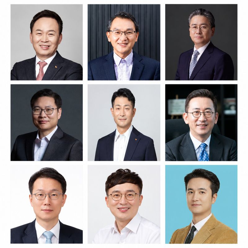 SK그룹 2027년 사장단 인사 대상자. 장용호 SK㈜ 대표이사(첫 번째 줄 왼쪽부터), 김선혁 SK㈜ 담당 사장, 정승일 SK이노베이션 대표이사. 강동수 SK이노베이션·SK에너지 대표이사(두 번째 줄 왼쪽부터), 김원기 SK엔무브·SK지오센트릭 대표이사, 윤병석 SK디스커버리 대표이사. 송경열 SK가스 대표이사(세 번째 줄 왼쪽부터), 권영수 SUPEX추구협의회 담당 사장, 추형욱 SK 동남아담당 사장. 사진=뉴스1
