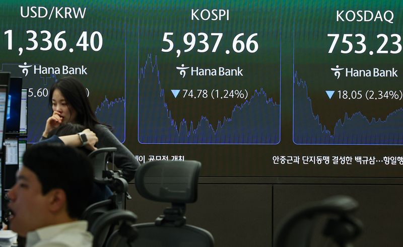 29일 오후 서울 중구 하나은행 본점 딜링룸 전광판에 코스피 등 종가가 표시되고 있다. 뉴스1