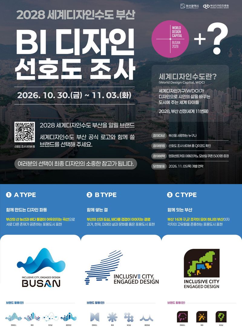 ‘2028 세계디자인수도 부산’의 브랜드 아이덴티티(BI) 선호도 조사 포스터. 부산시 제공