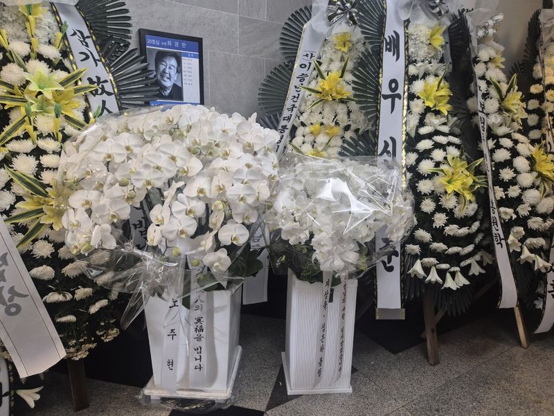 30일 서울 송파구 서울아산병원 장례식장에 놓인 지상욱·심은하 부부와 배우 노주현의 추모 화분, 배우 신현준 등의 근조화환. 사진=신진아 기자